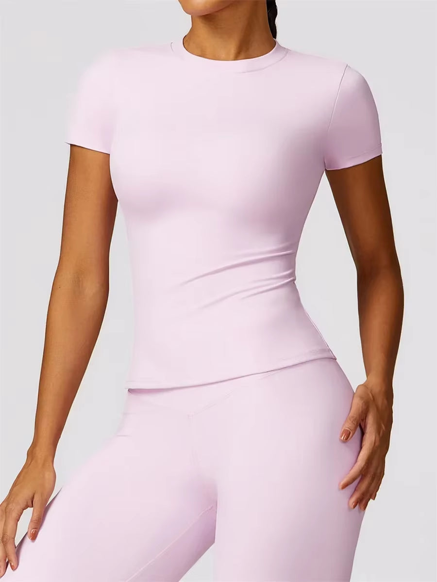 Seamless Yoga Set Women Pink Short Sleeve Top with High Waist Leggings Two Piece Workout Clothes Sports Fitness Gym Sets