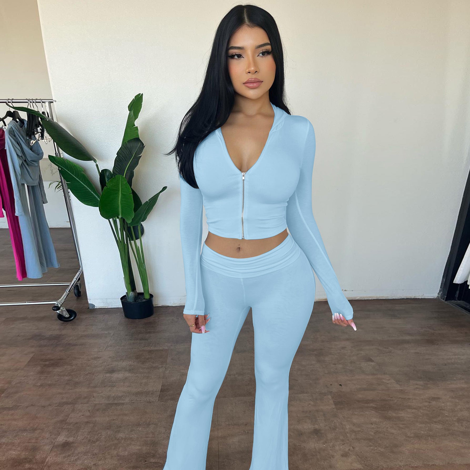 European And American Autumn And Winter Zipper Long-sleeved Hooded Top Flared Pants