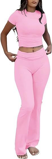 Casual Workout Round Neck Top Low Waist Bell-bottom Pants Sportswear Suit
