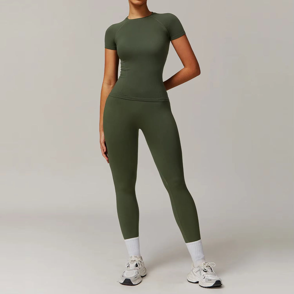Seamless Yoga Set Women Pink Short Sleeve Top with High Waist Leggings Two Piece Workout Clothes Sports Fitness Gym Sets