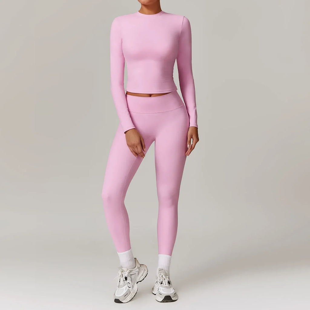 Seamless Yoga Set Women Pink Short Sleeve Top with High Waist Leggings Two Piece Workout Clothes Sports Fitness Gym Sets