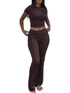 Casual Workout Round Neck Top Low Waist Bell-bottom Pants Sportswear Suit