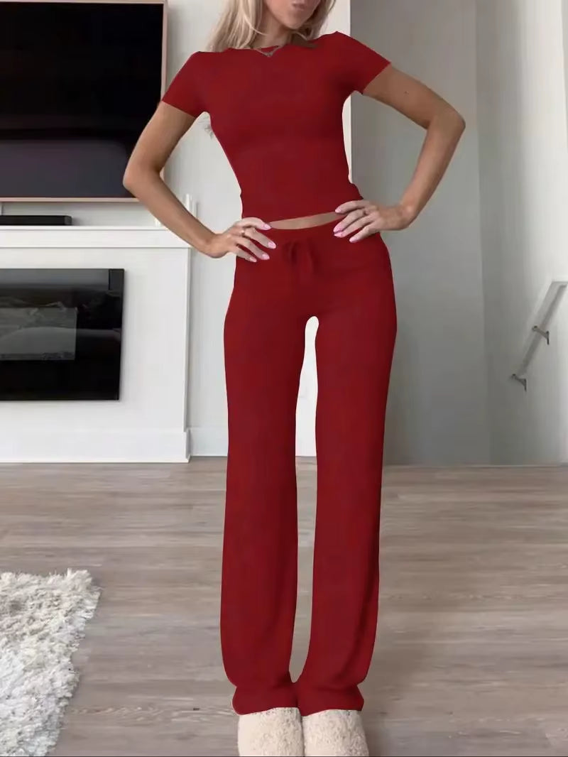 Summer Comfortable Casual Women'S Home Sports Set 2025 New Fashionable Solid Color Slim Body Clothes + Trousers Two-Piece Set