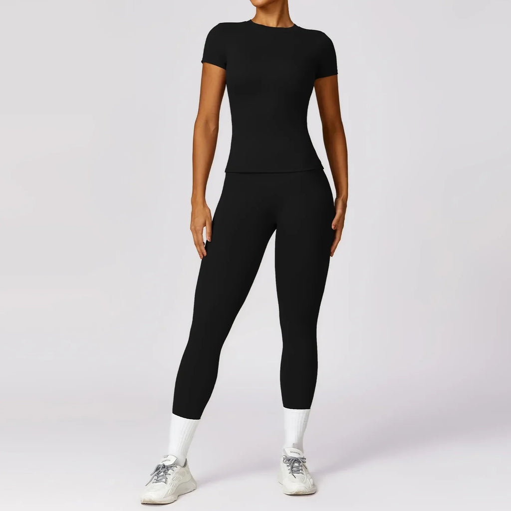 Seamless Yoga Set Women Pink Short Sleeve Top with High Waist Leggings Two Piece Workout Clothes Sports Fitness Gym Sets