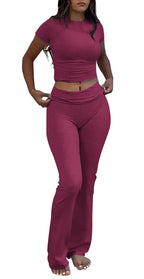 Casual Workout Round Neck Top Low Waist Bell-bottom Pants Sportswear Suit