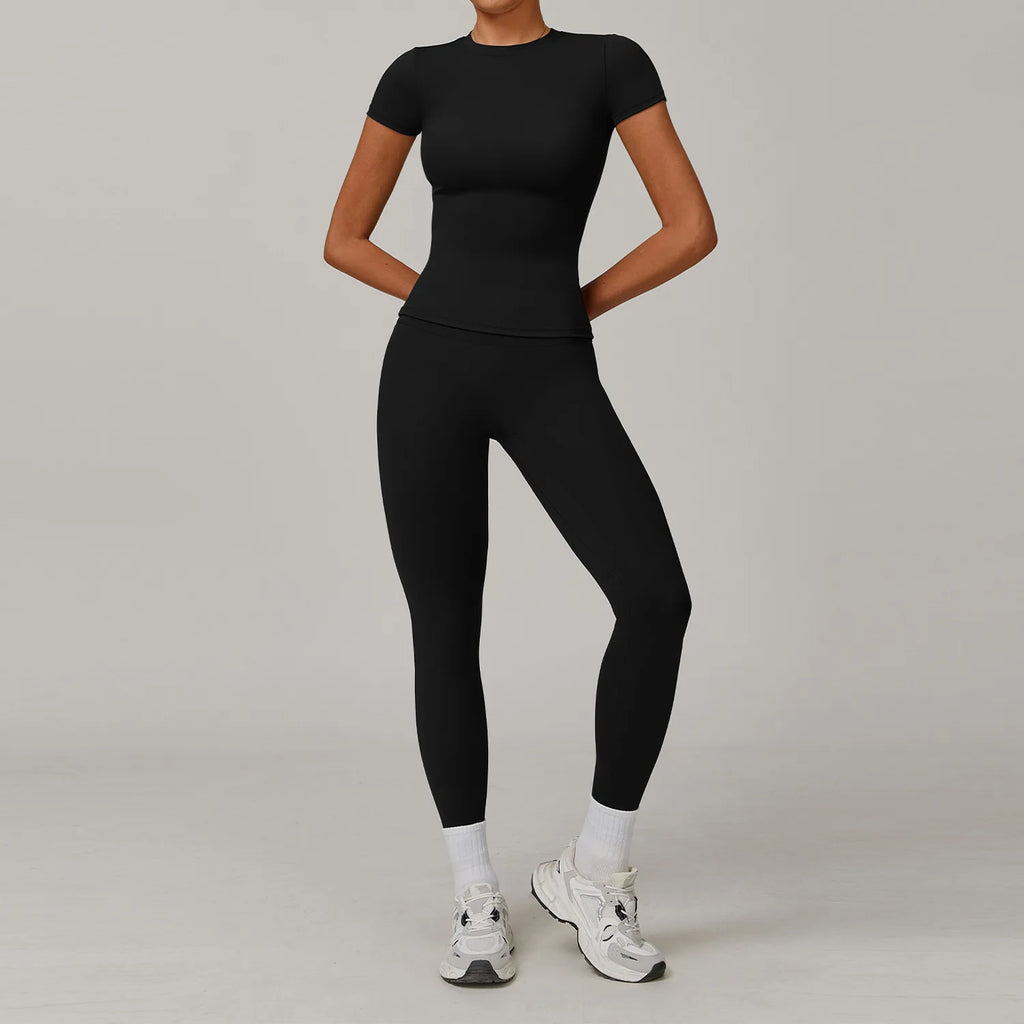 Seamless Yoga Set Women Pink Short Sleeve Top with High Waist Leggings Two Piece Workout Clothes Sports Fitness Gym Sets