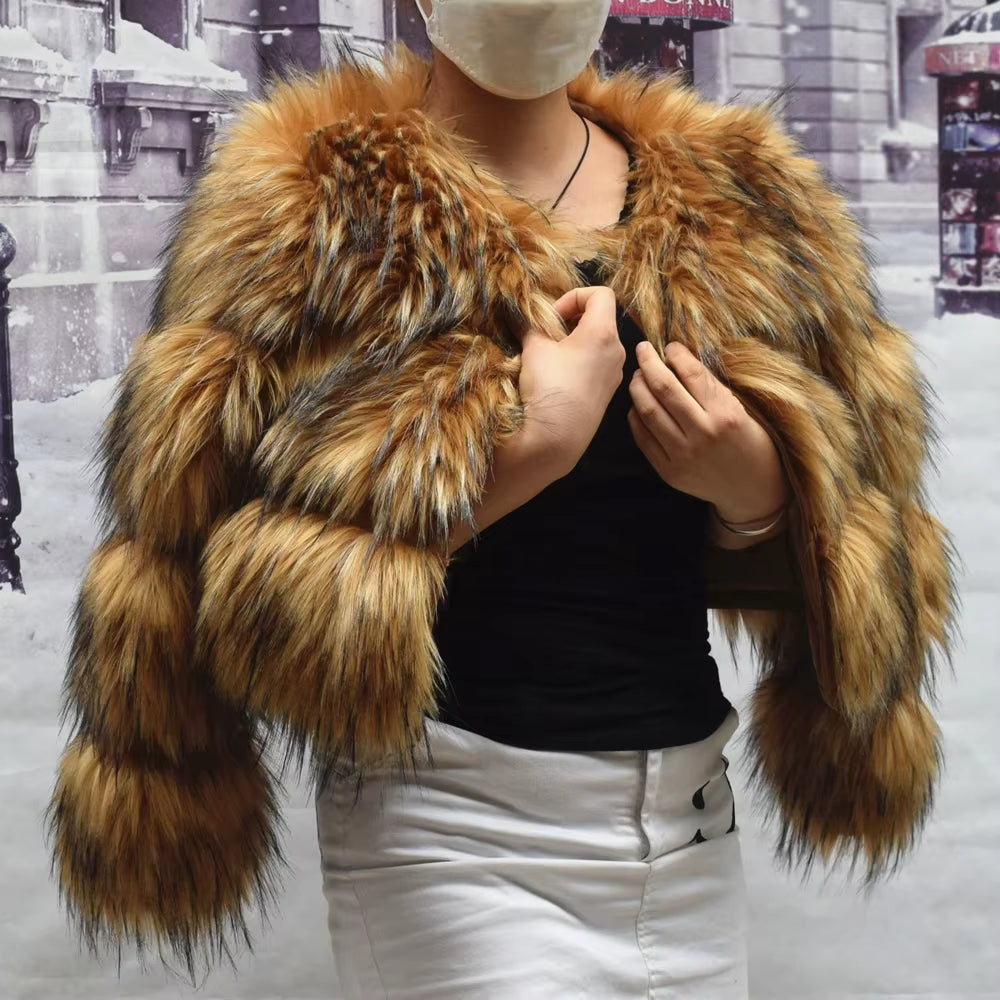 Faux Fur Coat Women'S Jacket Winter Fashion Warm Thick Fox Raccoon Leather Brown plus Size Especially Fake Fur Cold Coat
