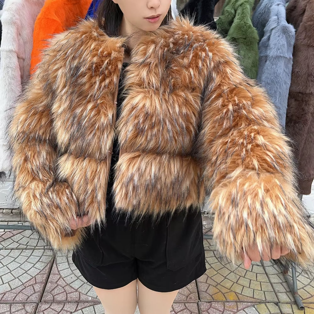 Faux Fur Coat Women'S Jacket Winter Fashion Warm Thick Fox Raccoon Leather Brown plus Size Especially Fake Fur Cold Coat