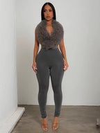 Sexy 2 Piece Set Women Tracksuit Hipster Halter Backless Furry Tank Tops+Leggings Matching Sexy Streetwear Outfits