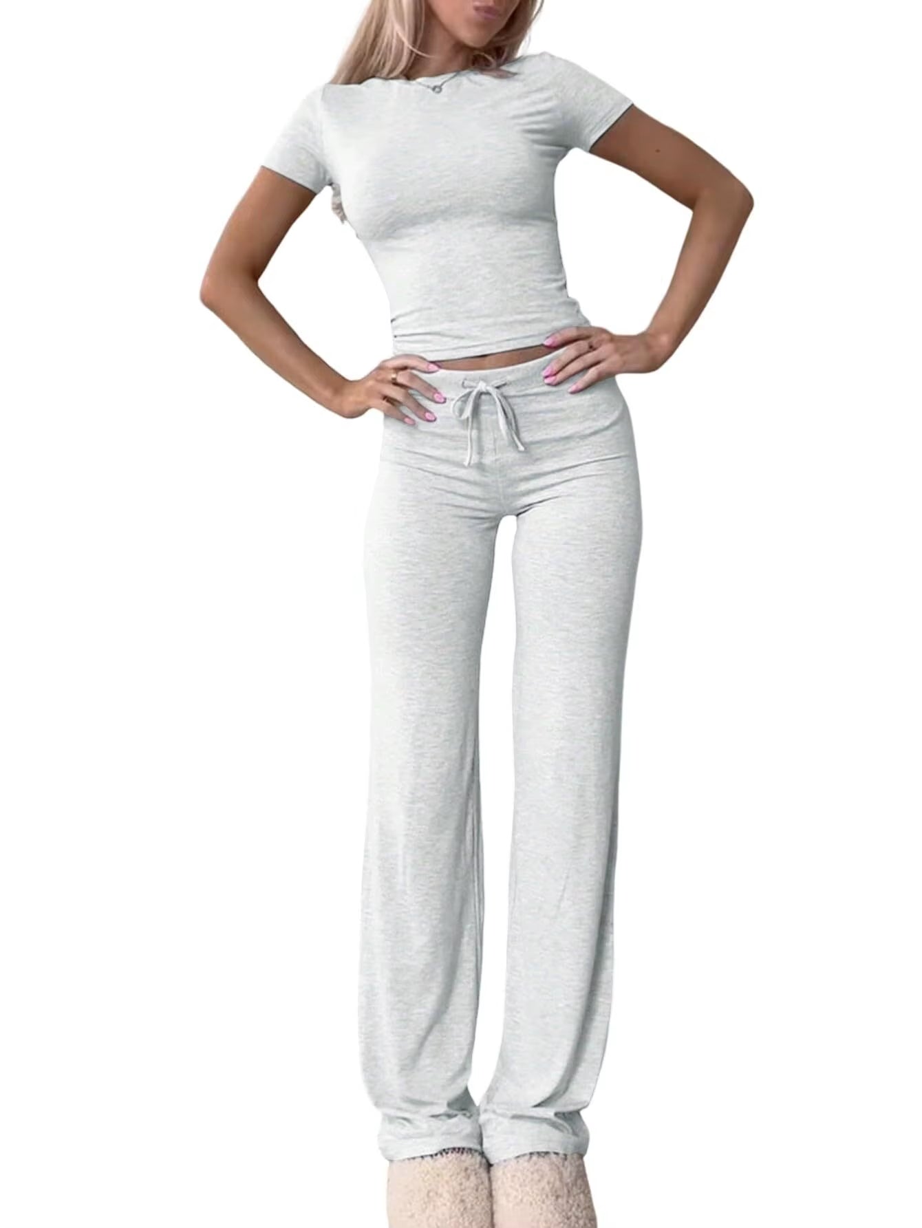Summer Comfortable Casual Women'S Home Sports Set 2025 New Fashionable Solid Color Slim Body Clothes + Trousers Two-Piece Set