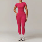 Seamless Yoga Set Women Pink Short Sleeve Top with High Waist Leggings Two Piece Workout Clothes Sports Fitness Gym Sets