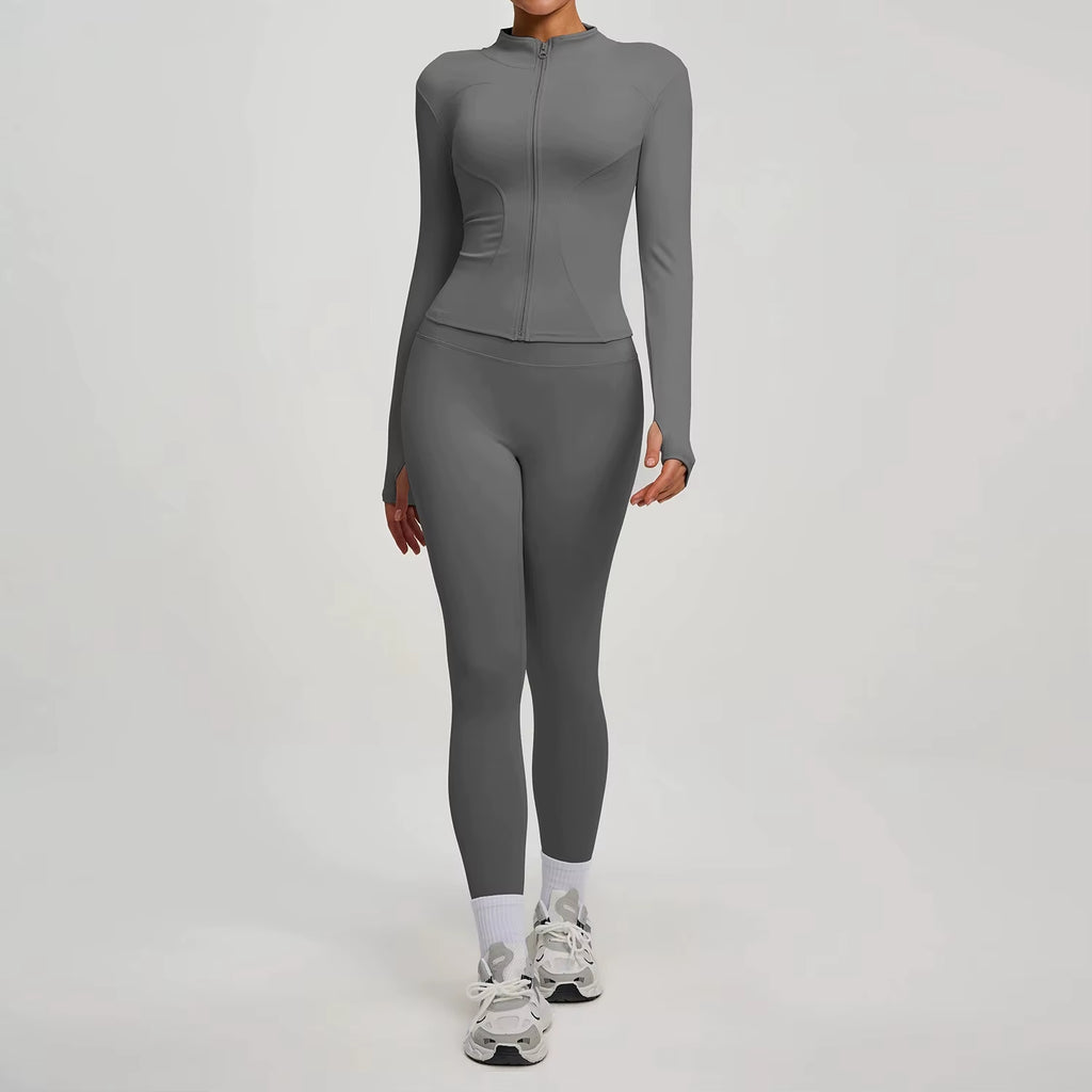 2Pcs Jacket Yoga Sets Women Long Sleeve Zipper Slim Sports Shirts Hip Lifting Leggings Fitness Running Workout Suits Tracksuit