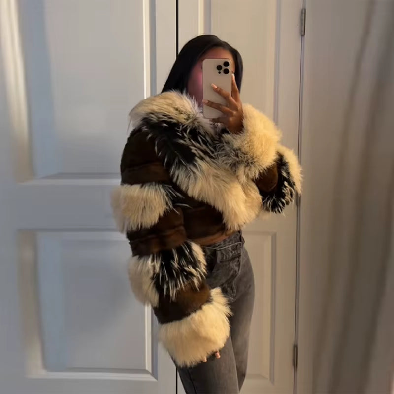 Fashion Thicken Short Fur Coat for Women Slim Fit Splice Leather Cropped Jacket 2025 Autumn Winter Warm Outwear Lady Streetwear