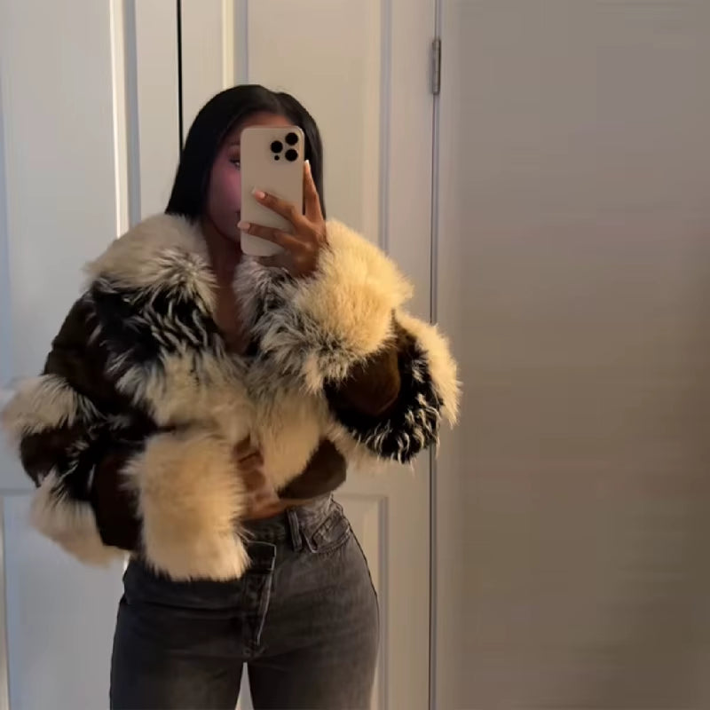 Fashion Thicken Short Fur Coat for Women Slim Fit Splice Leather Cropped Jacket 2025 Autumn Winter Warm Outwear Lady Streetwear