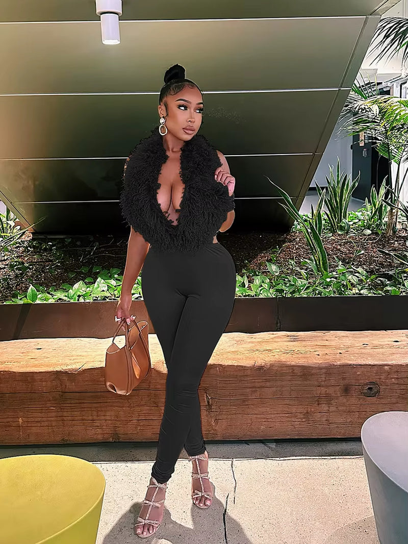 Sexy 2 Piece Set Women Tracksuit Hipster Halter Backless Furry Tank Tops+Leggings Matching Sexy Streetwear Outfits
