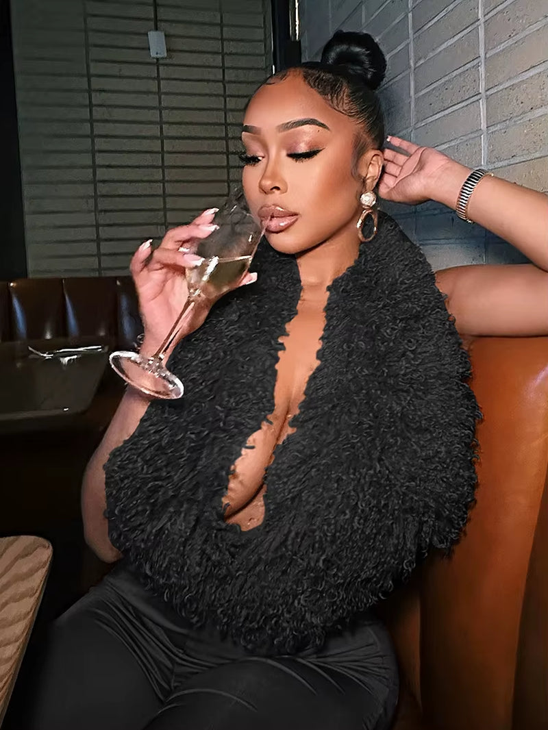 Sexy 2 Piece Set Women Tracksuit Hipster Halter Backless Furry Tank Tops+Leggings Matching Sexy Streetwear Outfits