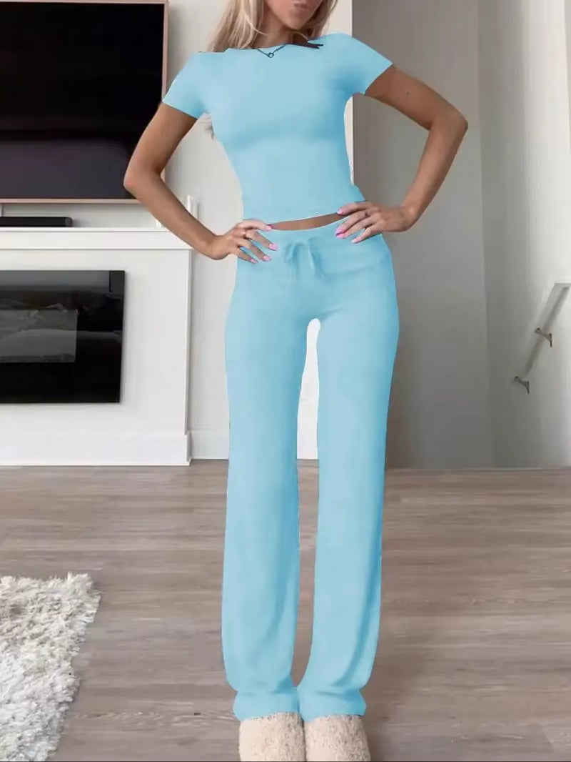 Summer Comfortable Casual Women'S Home Sports Set 2025 New Fashionable Solid Color Slim Body Clothes + Trousers Two-Piece Set