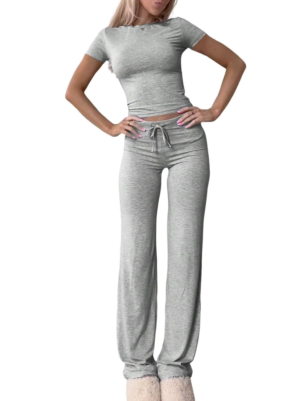 Summer Comfortable Casual Women'S Home Sports Set 2025 New Fashionable Solid Color Slim Body Clothes + Trousers Two-Piece Set