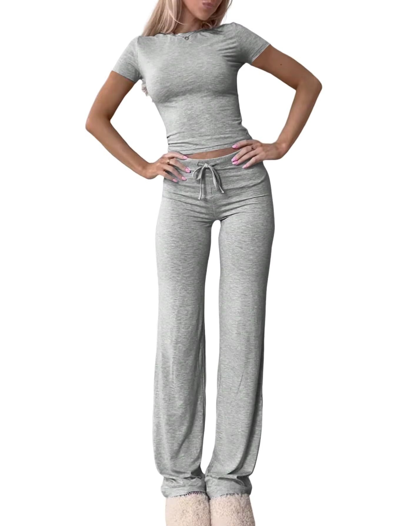 Summer Comfortable Casual Women'S Home Sports Set 2025 New Fashionable Solid Color Slim Body Clothes + Trousers Two-Piece Set