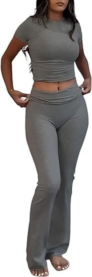 Casual Workout Round Neck Top Low Waist Bell-bottom Pants Sportswear Suit