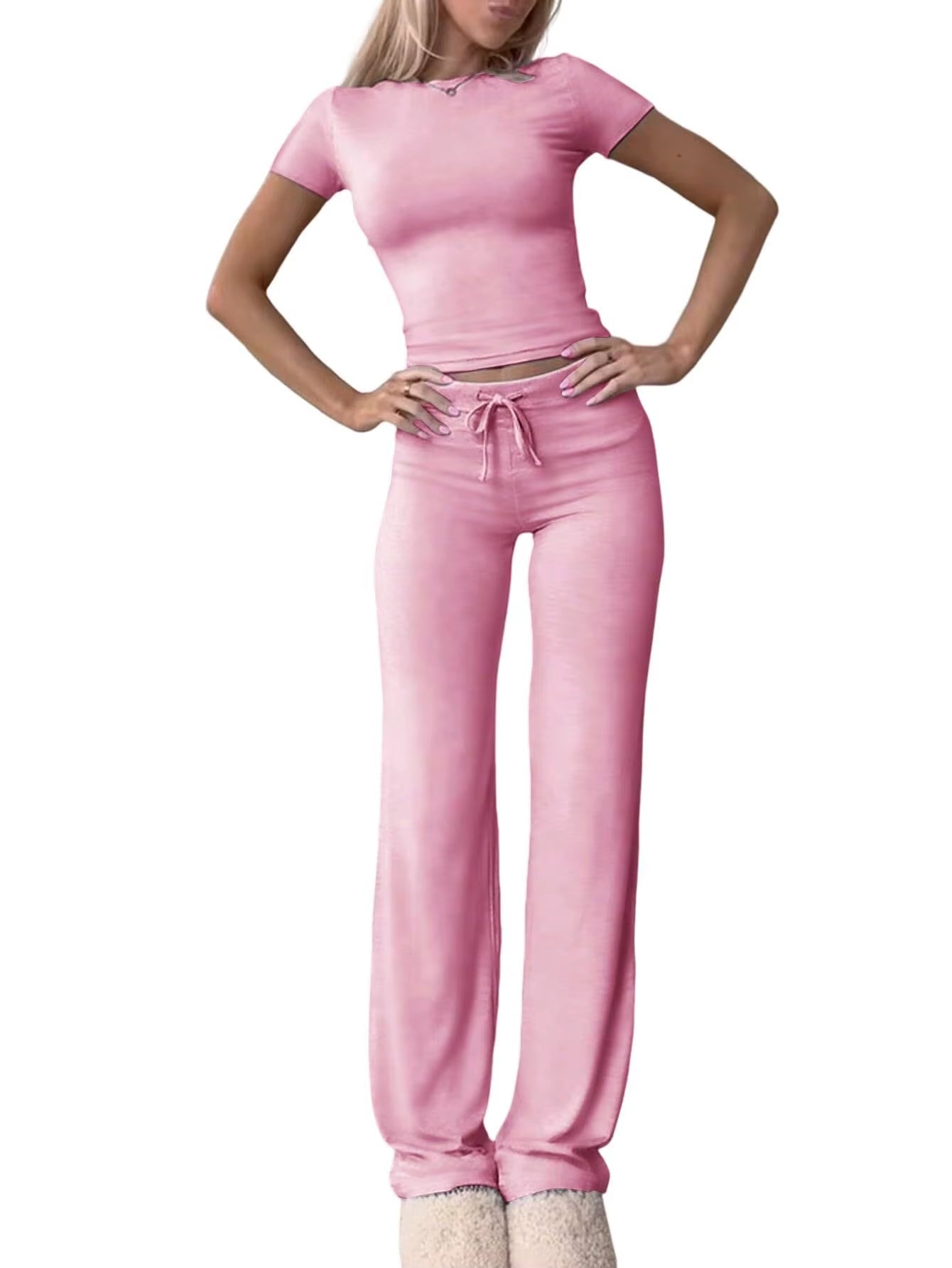 Summer Comfortable Casual Women'S Home Sports Set 2025 New Fashionable Solid Color Slim Body Clothes + Trousers Two-Piece Set