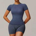 Seamless Yoga Set Women Pink Short Sleeve Top with High Waist Leggings Two Piece Workout Clothes Sports Fitness Gym Sets