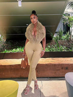 Sexy 2 Piece Set Women Tracksuit Hipster Halter Backless Furry Tank Tops+Leggings Matching Sexy Streetwear Outfits