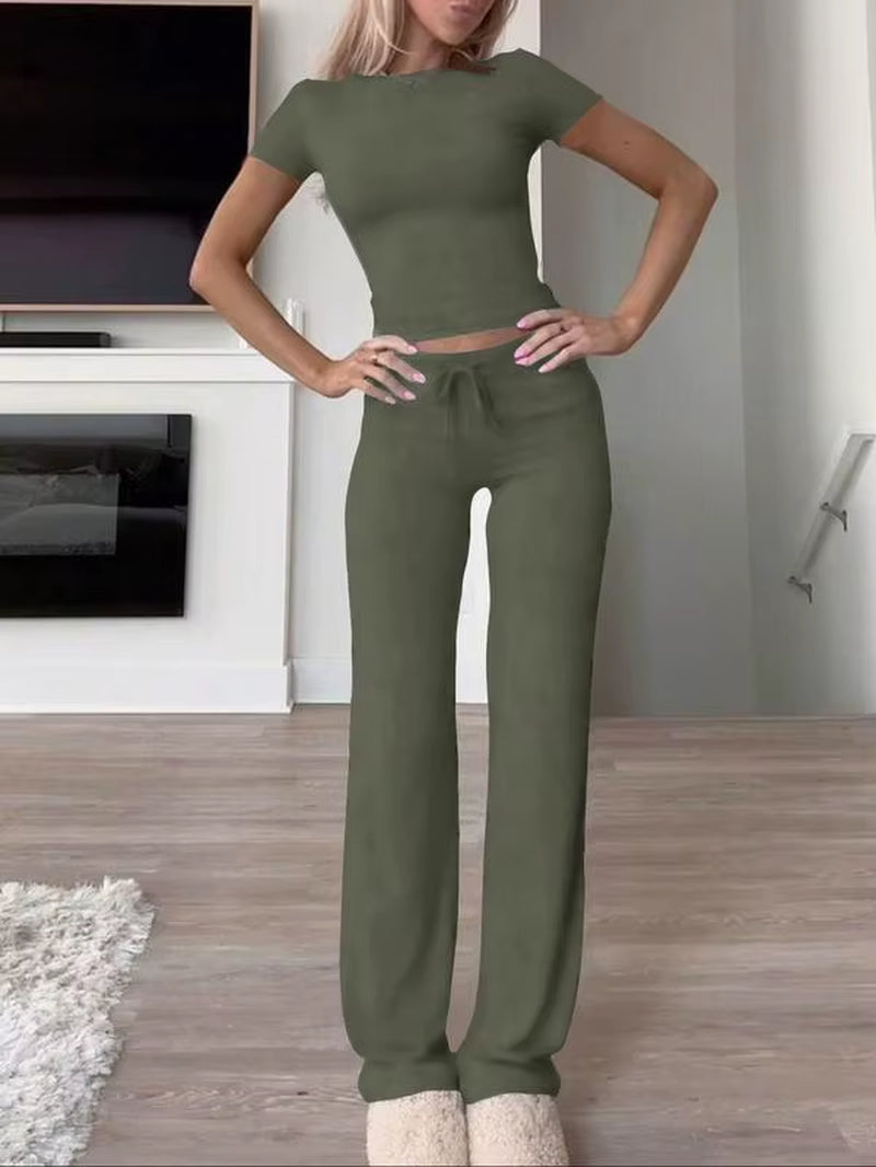 Summer Comfortable Casual Women'S Home Sports Set 2025 New Fashionable Solid Color Slim Body Clothes + Trousers Two-Piece Set