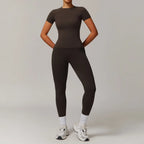 Seamless Yoga Set Women Pink Short Sleeve Top with High Waist Leggings Two Piece Workout Clothes Sports Fitness Gym Sets