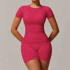 Seamless Yoga Set Women Pink Short Sleeve Top with High Waist Leggings Two Piece Workout Clothes Sports Fitness Gym Sets