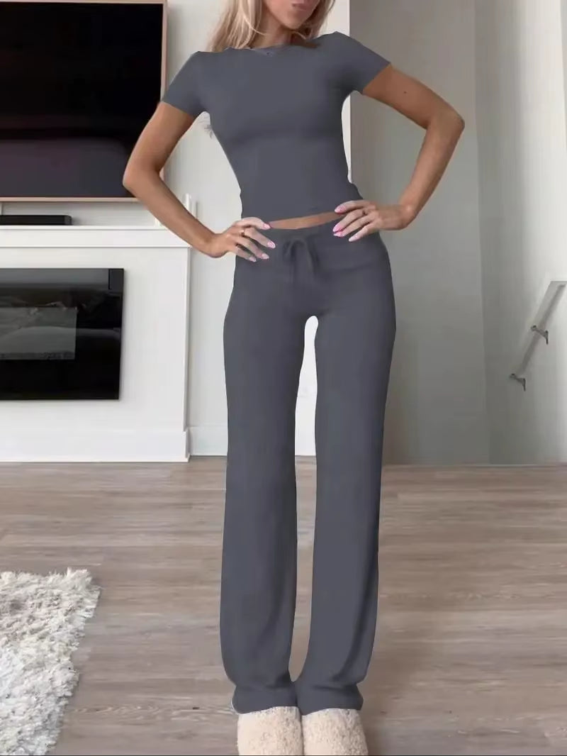 Summer Comfortable Casual Women'S Home Sports Set 2025 New Fashionable Solid Color Slim Body Clothes + Trousers Two-Piece Set