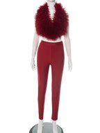 Sexy 2 Piece Set Women Tracksuit Hipster Halter Backless Furry Tank Tops+Leggings Matching Sexy Streetwear Outfits