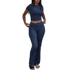 Casual Workout Round Neck Top Low Waist Bell-bottom Pants Sportswear Suit
