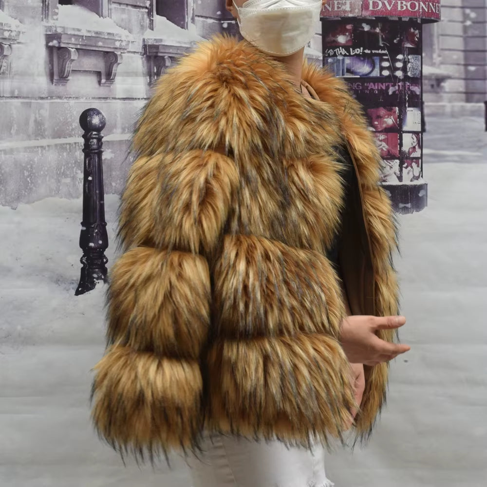 Faux Fur Coat Women'S Jacket Winter Fashion Warm Thick Fox Raccoon Leather Brown plus Size Especially Fake Fur Cold Coat