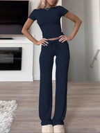Summer Comfortable Casual Women'S Home Sports Set 2025 New Fashionable Solid Color Slim Body Clothes + Trousers Two-Piece Set