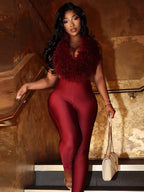 Sexy 2 Piece Set Women Tracksuit Hipster Halter Backless Furry Tank Tops+Leggings Matching Sexy Streetwear Outfits
