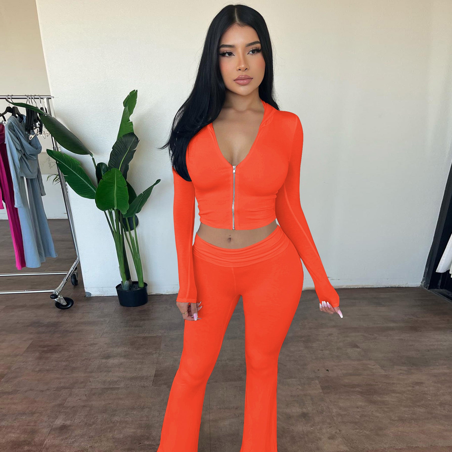 European And American Autumn And Winter Zipper Long-sleeved Hooded Top Flared Pants