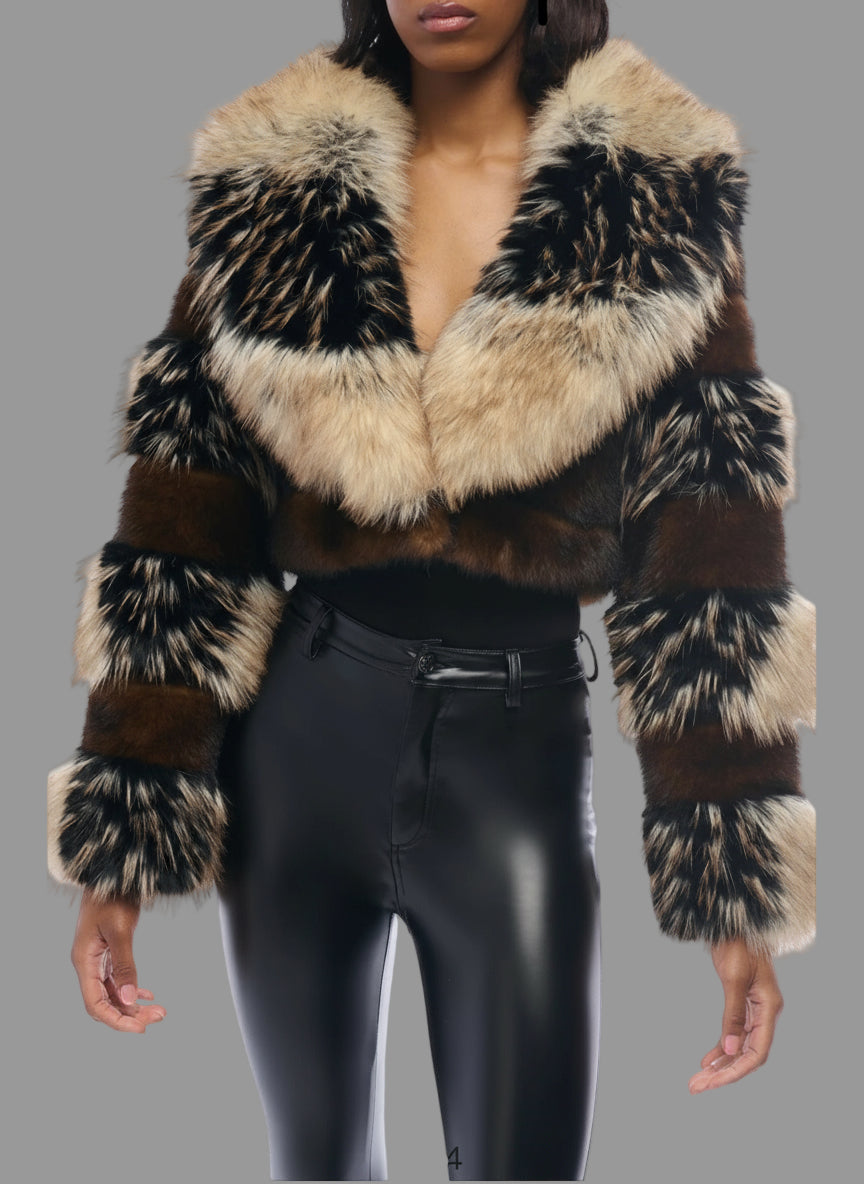 Person wearing a fur jacket with a white background