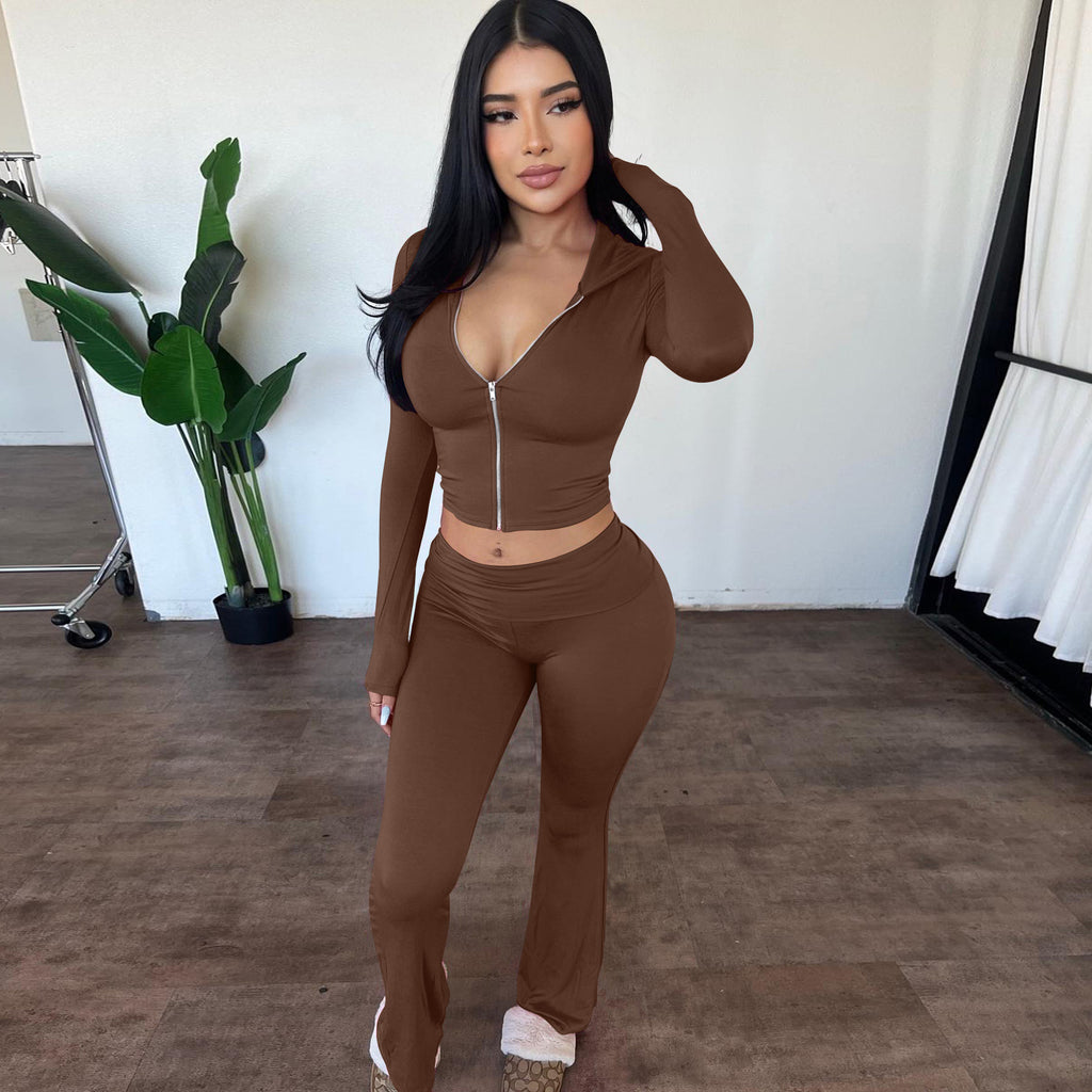 European And American Autumn And Winter Zipper Long-sleeved Hooded Top Flared Pants