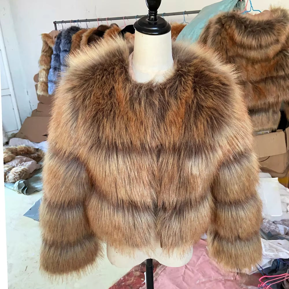 Faux Fur Coat Women'S Jacket Winter Fashion Warm Thick Fox Raccoon Leather Brown plus Size Especially Fake Fur Cold Coat