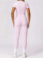 Seamless Yoga Set Women Pink Short Sleeve Top with High Waist Leggings Two Piece Workout Clothes Sports Fitness Gym Sets