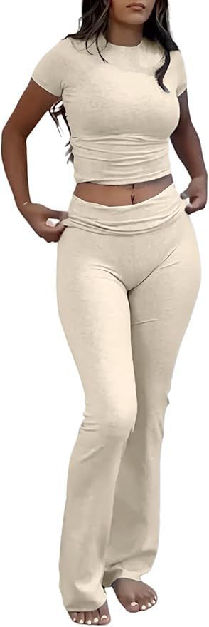 Casual Workout Round Neck Top Low Waist Bell-bottom Pants Sportswear Suit