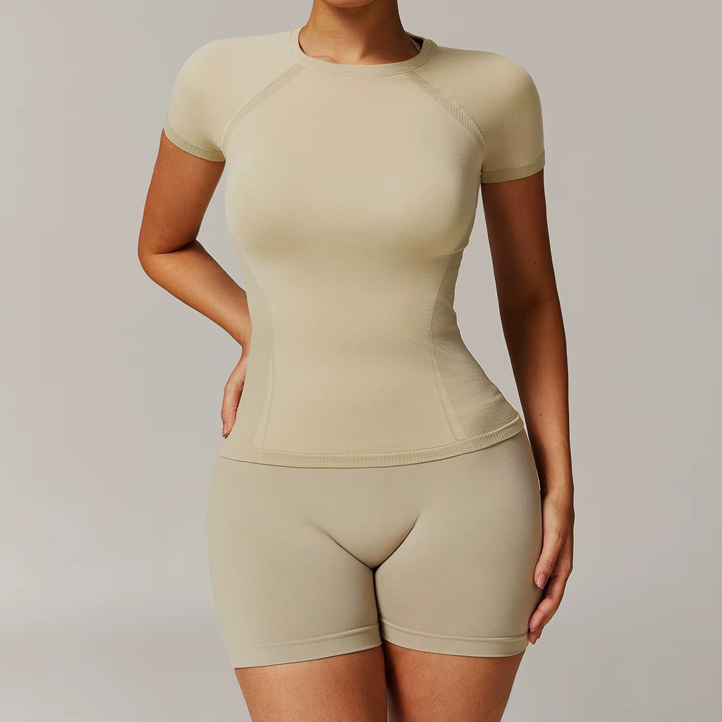 Seamless Yoga Set Women Pink Short Sleeve Top with High Waist Leggings Two Piece Workout Clothes Sports Fitness Gym Sets