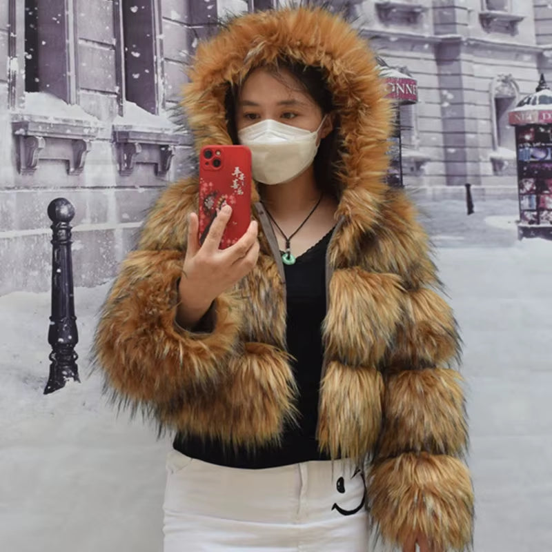 Faux Fur Coat Women'S Jacket Winter Fashion Warm Thick Fox Raccoon Leather Brown plus Size Especially Fake Fur Cold Coat