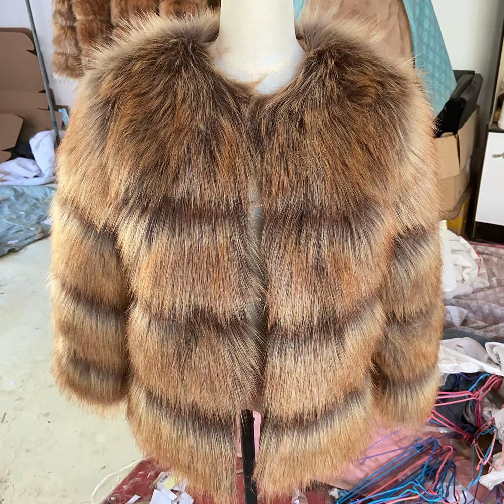Faux Fur Coat Women'S Jacket Winter Fashion Warm Thick Fox Raccoon Leather Brown plus Size Especially Fake Fur Cold Coat