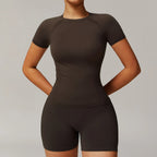 Seamless Yoga Set Women Pink Short Sleeve Top with High Waist Leggings Two Piece Workout Clothes Sports Fitness Gym Sets