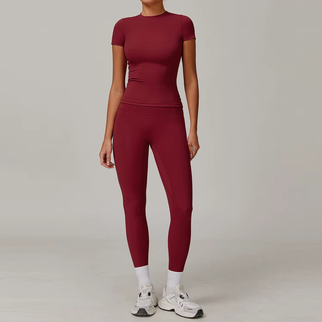 Seamless Yoga Set Women Pink Short Sleeve Top with High Waist Leggings Two Piece Workout Clothes Sports Fitness Gym Sets