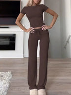 Summer Comfortable Casual Women'S Home Sports Set 2025 New Fashionable Solid Color Slim Body Clothes + Trousers Two-Piece Set