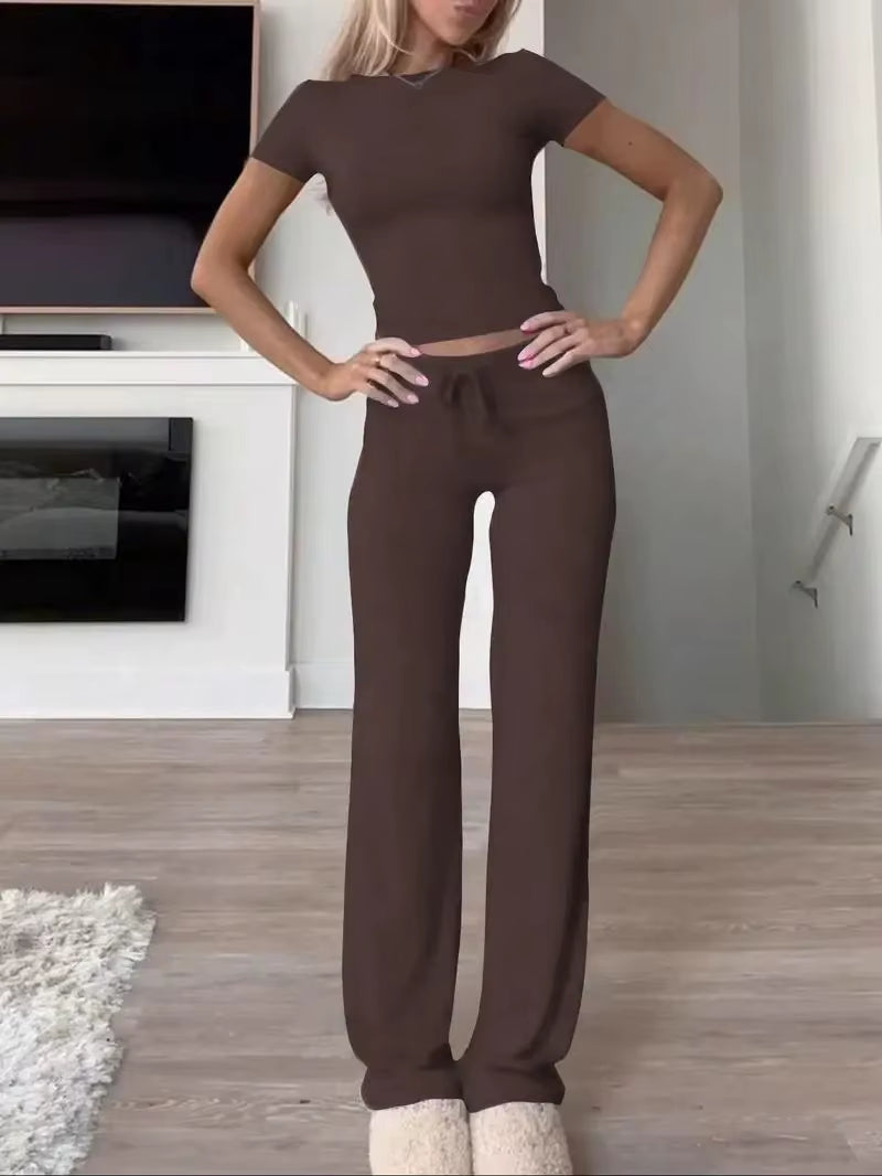 Summer Comfortable Casual Women'S Home Sports Set 2025 New Fashionable Solid Color Slim Body Clothes + Trousers Two-Piece Set
