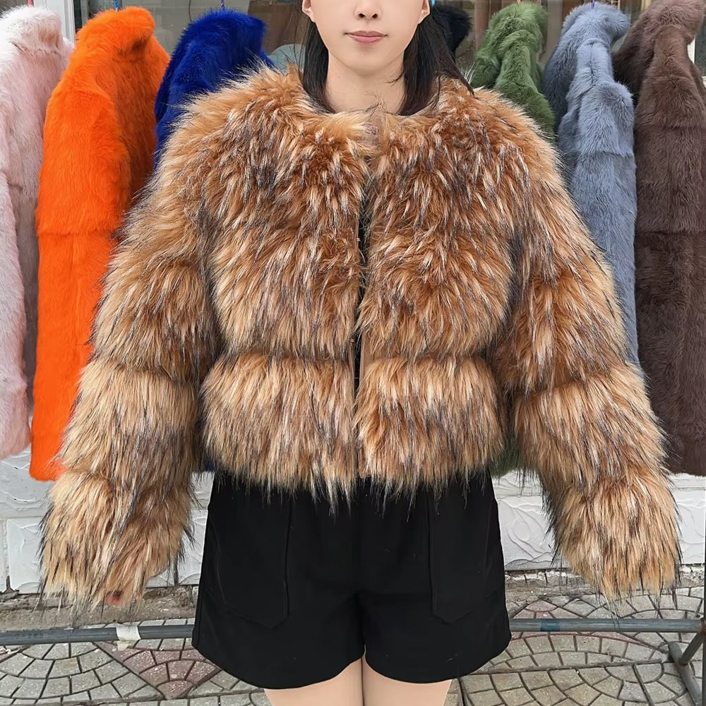 Faux Fur Coat Women'S Jacket Winter Fashion Warm Thick Fox Raccoon Leather Brown plus Size Especially Fake Fur Cold Coat